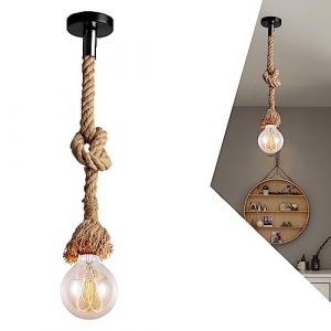 Lustre Suspension en corde, Industrielle Corde Luminaire, Lustre Vintage Corde De Chanvre, E27 Style Rétro Lampe Suspension Corde Lumière Suspendue Plafonnier, pour Manger Restaurant Salon (300cm) (xindaxin, neuf)