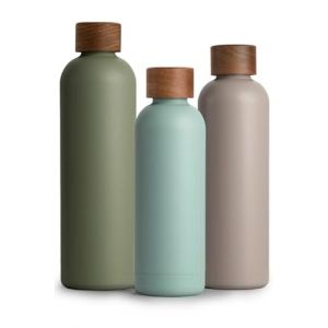T&N Bouteille Isotherme d&rsquo;eau 500ml en acier inoxydable avec bouchon en bois d'acacia, Gourde Inox 0,5l, conserve le froid &agrave; 29h, la chaleur 14h, &eacute;tanche pour boissons gazeuses (TRENDY AND NEW, neuf)