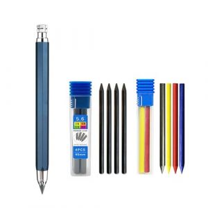 MROOFUL Ensemble de porte-mines en m&eacute;tal de 5,6 mm avec mine 4 couleurs + mine noire (2B/4B/6B/8B) pour charpentier, marquage, ing&eacute;nieur, dessin, ing&eacute;nieur, croquis, &eacute;criture, crayon automatique (bleu (MROOFUL, neuf)