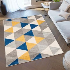 TAPISO Lazur Tapis Poil Ras Moderne Gris Crème Jaune Bleu Géométrique Motif Triangles Tapis Salon Chambre Adulte Salle à Manger Bureau Oeko-TEX Résistant 160 x 220 cm (TAPISO-FR, neuf)