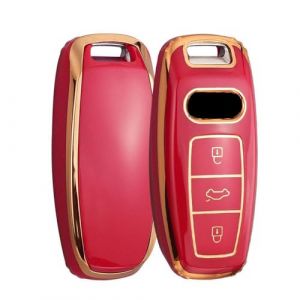 HIBEYO Coque de Protection Intelligente en Silicone pour cl&eacute; de Voiture Audi A6L A6 A7 A8 Q7 Q8 Q5 RS7 E-tron A8L TFSLe Coque de Protection pour t&eacute;l&eacute;commande 3 Boutons Dor&eacute;/Rouge (bingomotor, neuf)