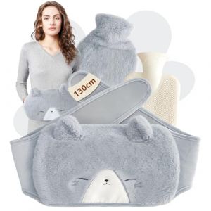 Ceinture bouillotte 3 en 1 de 1 l avec housse - En caoutchouc - Pour soulager la douleur au cou, aux épaules, au dos, à la taille - Pour enfants, adultes, personnes âgées, femmes (chat - gris) (SANDA DIAG NODIE S.R.L., neuf)