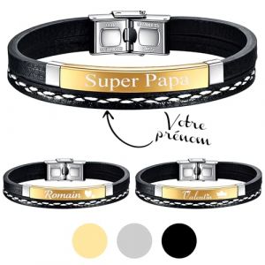 KDO MAGIC - Bracelet personnalis&eacute; homme &ndash; Bracelet double en simili cuir noir &ndash; Gravure pr&eacute;nom &ndash; Plaque noire, argent&eacute;e ou dor&eacute;e grav&eacute;e - Cadeau f&ecirc;te des P&egrave;res, Saint-Valentin, homme, papa (Dor&eacute;) (KDO-MAGIC, neuf)