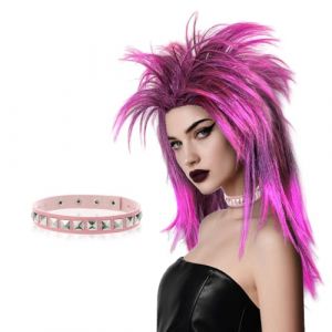 SAIIURV Rose Fushia Perruque Coupe Mulet et Collier pour Adultes, Femme Homme Drole Humour Années 80 Rock Star Perruque Moche Punk Fluo Cheveux Costume Accessoire pour Halloween Carnavals Fête (SHAOJU SJ, neuf)