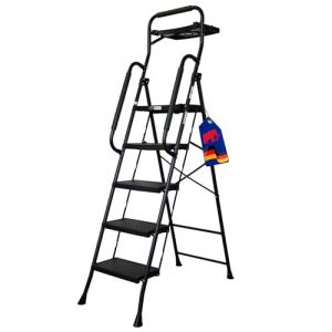 PROREGAL Profi-Escabeau Pliant avec Arceau Manuel et Plateau à Outils 5 marches avec Surface striée HxLxP 182x52x104cm Capacité de Charge 150kg Acier Noir, Marche Pied Pliant (Procommerce-Group, neuf)