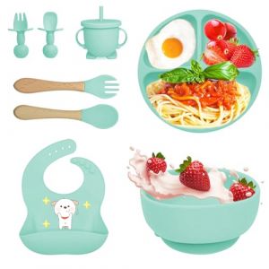 Bizcasa Coffret Repas Bebe 8 pièces, Vaisselle Antiderapant pour Bébé Set Silicone avec Ventouse Assiette Bol Fourche Cuillère Bavoir et Tasse, Assiette Enfant Set, Sans BPA (Vert 2) (CHERRY-TECH, neuf)