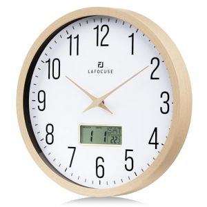 Lafocuse 30cm Horloge Murale Calendrier LCD avec Date Thermomètre, Vintage Silencieuse Pendule Murale Beige, sans Tic-tac Déco pour Cuisine Salon Chambre Bureau (QuareBest, neuf)