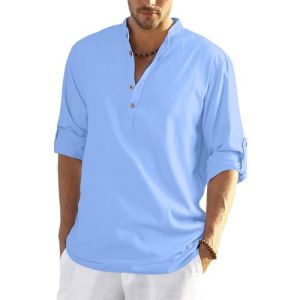 YAOHUOLE Chemise en Lin Homme Chemise en Lin &Eacute;t&eacute; Grande Taille Col Mao Chemise Chemise Homme en Lin Bleu Clair 3XL (Yaohuole, neuf)