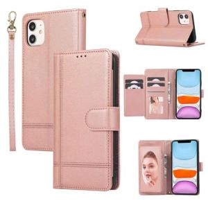Beajew Coque Compatible avec iPhone 11 avec Cordon, Flip Portefeuille &Eacute;tui en Cuir [6 Porte Carte] [Miroir] [Fermeture Magn&eacute;tique] Clapet Housse Etui &agrave; Rabat - Or Rose (KSTFMY, neuf)