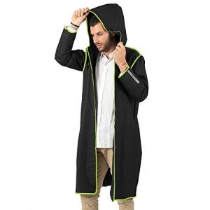 PERLETTI Imperméable Homme Femme Transparent Détails Réfléchissants - Poncho Pluie Long Capuche et Boutons - Veste Coupe Vent Etui Etanche - Anorak Réutilisable Léger (Noir Bordure Verte Citron, M) (PERLETTI, neuf)