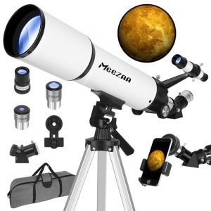 MEEZAA T&eacute;lescope, T&eacute;lescope Astronomique Adultes, 80/600mm R&eacute;fracteur T&eacute;lescopes pour Enfants et D&eacute;butants, Portable et Puissant 24x-180x avec Adaptateur T&eacute;l&eacute;phone, Tr&eacute;pied et Sac - Observer la Lune (MEEZAA-EU, neuf)