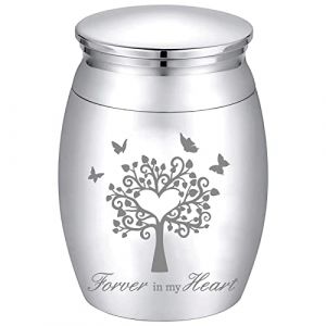 CREATCABIN Petite Urne Souvenir Mini Urnes Crémation Arbre de Vie Papillon Cendres Titulaire Miniature Enterrement Conteneur Funéraire Pot Gravure Acier Inoxydable pour Animal Domestique Humain Argent (CREATCABIN FR, neuf)