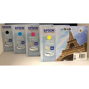 Epson Lot de 4 cartouches d'encre d'origine T7021 T7022 T7023 T7024 XL Tour Eiffel pour Workforce Pro WP4015, WP4025, WP4095, WP4515, WP4525, WP4535, WP4545, WP4595 (shop-weinheim, neuf)