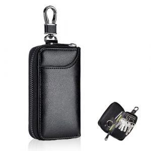 Etui Porte-Clé Cuir pour Homme et Femme, Housse de Protection clé de Voiture Multifonctionnel, Pochette Porte Cles avec 3 Compartiments Séparés et 6 Crochets à Clés, Petite Trousse à Clés (Noir) (Starba, neuf)