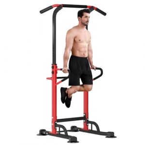SogesPower Chaise Romaine Musculation Ajustable Power Tower Dip Station Barre de Traction sur Pied Traction Tower pour Fitness Entraînement Abdominal et de Dos à Domicile Rouge/Noir (FLASHBUY TRADE S.R.L., neuf)