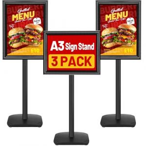 VAIIGO Lot de 3 Porte Affiche A3 sur Pied avec Base Lourde - Pr&eacute;sentoir Menu Ext&eacute;rieur R&eacute;glable 360&deg;, Support de Panneau, cadre encliquetable pour menu, Support Publicitaire Commerce, Bureau(Noir) (WIIGO, neuf)