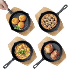 Navaris Po&ecirc;le Fonte Naturelle - 4X Mini po&ecirc;le &agrave; Frire antiadh&eacute;sive &Oslash; 10,2 cm avec Support en Bois - Petit po&ecirc;le Oeuf Pancake Four BBQ Induction (SX-Commerce, neuf)