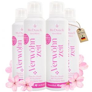MeDusch Mousse de douche Verwöhnzeit (200 ml) - Fleur de cerisier (Sakura) avec acide hyaluronique végétalien dans un lot pratique de 4 (unisexe), un bain aromatique hydratant pour la douche (MeDusch, neuf)