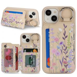 Ｈａｖａｙａ Coque pour iPhone 14 avec Porte Carte Motif Floral Etui für iPhone 13 avec Mousqueton Porte clé Porte Monnaie Femme Cuir Housse - Fleur 2 (HuaJie-Tech, neuf)