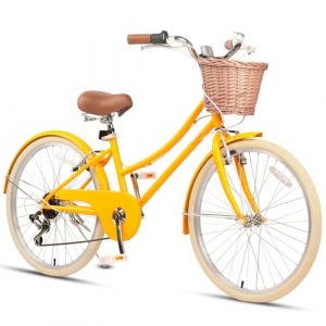 Glerc 24" Fille Cruiser Bike 6-Vitesse Cruiser Women's Hybird vélo pour l'âge de 7 8 9 10 11 Ans avec Panier en Osier. Cadre et Fourche légers, Jaune (BikeJune-EU, neuf)