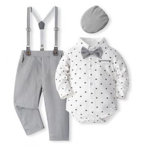 Volunboy Bebe Gar&ccedil;on Costume Gentleman, Noeud Papillon Chemise Carreaux + Pantalon 4 Pi&egrave;ces(9-12 mois,Taille 73,&Eacute;toiles Grises) (Volunboy, neuf)