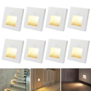 Lam(MS)pen Spot LED pour escalier, 8 spots encastrés avec détecteur de mouvement, blanc chaud 3000K, 1,5W 230V Spot encastré pour escalier de 60 mm de côté, 86 mm de côté et pour l'intérieur. (Lam(MS)pen, neuf)