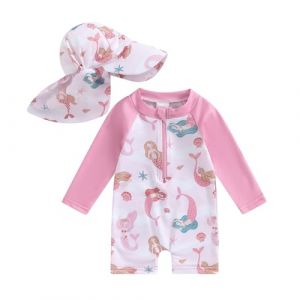 Carolilly Maillot de Bain Une Pièce Enfant Bébé Fille Zippé à Manches Longue Anti-UV avec Chapeau, Rose Sirène, 90 (12-18 Mois) (La Vie Brillante, neuf)