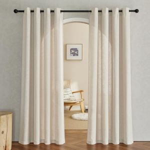 PONY DANCE Rideau Voilage Beige - Rideaux Salon Voile en Lin Draperies Demi Transparent D&eacute;coration de Maison avec Oeillets, Largeur 140 cm sur Hauteur 210 cm, Beige, Lot de 2 (RYB HOME EU, neuf)