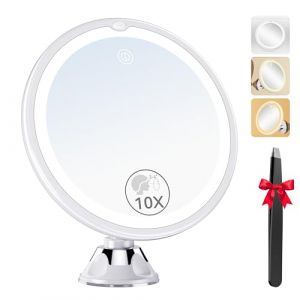 Auxmir Miroir Grossissant 10X Lumineux, Miroir Maquillage avec Ventouse sans Fil avec 3 Réglages D'éclairage LED, Rotation à 360°，Miroir Éclairé pour Salles de Bain et Voyage (Auxmir Direct, neuf)
