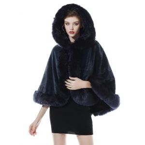 BEAUTELICATE Cape à Capuche Fourrure Poncho Châle Étole Capuchon Manteau Courte de Femme Hiver Mariage Mariée Demoiselle d'honneur Soirée Noël(Taille Unique, Bleu Foncé) (BEAUTELICATE-FR, neuf)