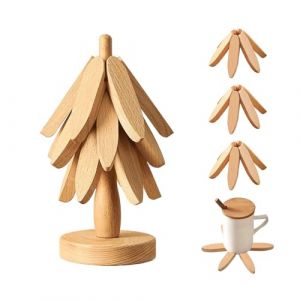 Ensemble de Dessous de Plat en Bois R&eacute;sistant &agrave; la Chaleur, Dessous-de-Plat en Bois en Forme d'arbre pour Plats Chauds, 3 sous-Verres + 1 Support, pour Casseroles, Po&ecirc;les, Bol Assiettes, Th&eacute;i&egrave;re (JetLiuCo, neuf)