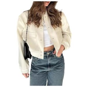 Veste de Baseball pour Femme Blouson Court D&eacute;contract&eacute; Fashion Classics Button Down Cropped Bomber Jacket Varsity Sweat Jacket Veste Ladies with Pockets pour Automne et PrintempsBlanc Cass&eacute; L (Shuanghao, occasion)