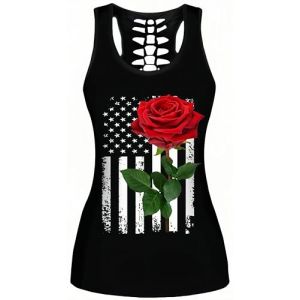 Ocean Plus Femme Crâne Sport Débardeurs Gothique Cache-cœur Gilet d'entraînement sans Manches Chemise Criss Cross Noir T-Shirt Halloween (L (Brustumfang: 92 cm), Bannière étoile de Rose Rouge) (Ocean Plus, neuf)