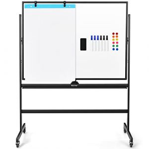 COSTWAY Tableau Blanc Mobile Magnétique de 90 x 120 cm, Tableau Réversible à 360° avec Hauteur Réglable sur 2 Positions et 4 Roulettes Verrouillables, pour École, Maison, Bureau, Salle de classe (FDS GmbH, neuf)