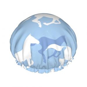 Bonnet de douche pour douche &ndash; Simple Cool Horse bleu et blanc, grand bonnet de douche r&eacute;utilisable, imperm&eacute;able, double couche pour femme, bonnet de douche pour douche avec doublure en PEVA et corde (SA-Toy, neuf)