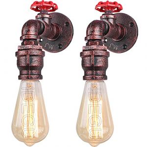 iDEGU Lot de 2 Applique Murale Industrielle, Vintage Lampe Murale Style de Tuyau R&eacute;tro Art D&eacute;co Lampe de Mur pour Bar Cuisine Restaurant Caf&eacute; Couloir (Rouge, Robinet L) (IDEGU, neuf)