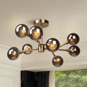 HonoDing Lustre &agrave; 9 lumi&egrave;res avec globes en verre, luminaire moderne pour plafond, suspension industrielle de style fermier, lustres suspendus en verre blanc fum&eacute; pour salon (Gris) (HonoDing, neuf)