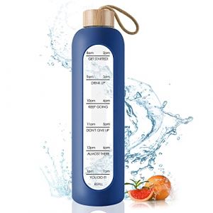 Bouteille en verre de 1L avec marques de temps - Bouteille d'eau sportive en verre avec couvercle en bambou pour le sport, les loisirs, 1000ml, r&eacute;utilisable, incassable, avec &eacute;tui en silicone. (Gistome Direct, neuf)