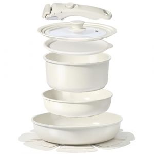 7 PièCes Casseroles Et PoêLes En CéRamique AntiadhéSives, Batterie De Cuisine En Fonte Pour Plaque à Induction, Batterie De Cuisine Avec PoêLes à Frire, Batterie De Casseroles 8PCS (GiPP®Direct EU, neuf)