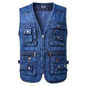 KTWOLEN Gilet en Jeans pour Homme Vintage Multi-poches Gilet de Motard Veste en Jean Sans Manches R&eacute;tro Veste Denim Gilet de P&ecirc;che Travail Chasse, Bleu fonc&eacute;, 4XL (KTWOLEN, neuf)