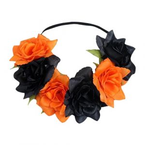 Couronne de fleurs de rose - Couronne de cheveux &eacute;lastique - Bandeau floral pour mari&eacute;e - Festival - Photographie - Bandeau floral pour filles et femmes - Orange et noir (cheng juan1, neuf)