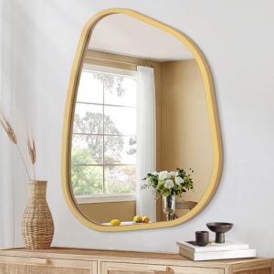 Or Miroir Asymétrique Grand 50 x 40 CM Irrégulier Ovale Mural - Cadre en Bois Moderne Forme Unique - Vanité Artistique Décoratif pour Salon, Chambre à Coucher, Salle de Bains, Entrée (HLFMVWE, neuf)