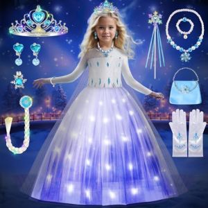 COYBTO Robe Princesse Fille, LED Robe Reine des Neiges Anna avec Perruque Lumineuse Couronne Princesse Ensemble, Deguisement Princesse Elsa, Robe de Princesse Elsa pour Carnaval (GAB GELH, neuf)