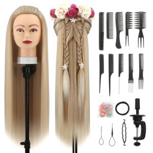 Tete a Coiffer, 28 inch 100% de Cheveux Synthétiques Têtes d'exercice Tête À Coiffer Coiffure Cosmétologie tete a coiffer professionnelle Poupée avec Support + Ensemble de Tresse (Marron clair) (Guangzhouxinfeifazhipinmaoyiyouxiangongsi, neuf)