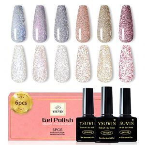 YSUVIN Vernis Semi Permanent Pailleté, 6 Couleurs Réfléchissants Rose Bleu Or Argent Diamant Flash Vernis Gel Poussière D'étoiles Ultra Brillance Soak Off UV Pour Manucure Kit DIY Nail Salon (AnYue Store, neuf)