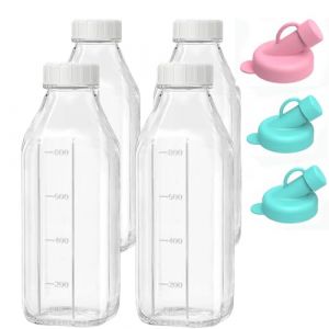 Lot de 4 Bouteilles Transparentes en Verre avec Bouchon avec Couvercles, Réutilisables, 1 Litre, Bouteilles de Jus Pour Laiterie, Jus de Fruits Pour Petit DéJeuner, Pique-Nique, Mariage (4 Pack) (JANNIDE- EUR Direct, neuf)
