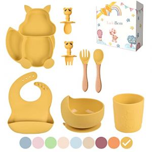 TudoBem Coffret Repas Bebe Silicone [8 Pièces], Assiette Ventouse pour Bébé + Bavoir Ajustable + Bol Antidérapant + Cuillere/Fourchette 1er âge et 2ème Age + Verre, Cadeau Naissance (Jaune) (Galopins, neuf)