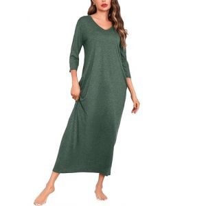 Sykooria Chemise de Nuit Femme Coton Chemise de Nuit Grande Taille Chemise de Nuit Longue Femme Manches 3/4 Chemise De Nuit Col V Chemise de Nuit Ample et Confortable 1019-Vert Foncé S (CHONGREN-EU, neuf)