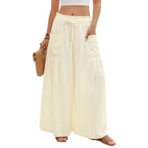 PASUDA Pantalon Femme Fluide &Eacute;t&eacute; Pantalons Lin &agrave; Jambes Larges Taille Haute Elastique Chic et Elegant Pantacourt Ample avec Cordon de Serrage Longueur Pants avec Pliss&eacute; Poches (Beige, L) (Amutoo, neuf)