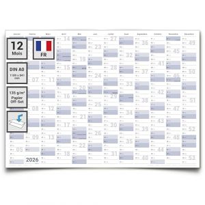 Gigatime 5 calendrier mural français, calendrier annuel, calendrier calendaire, grand poster calendrier mural 2026 - format A0-118 x 84 cm - bleu-gris-première qualité pliée (Kalenderoutlet, neuf)